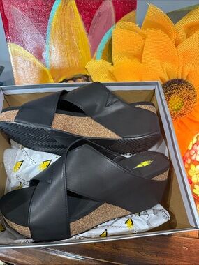 Volatile Black Crisscross Wedge Slide Sandals